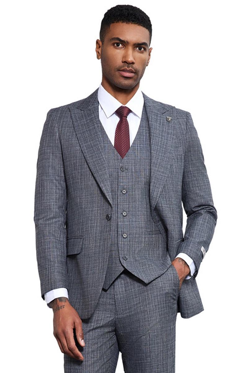 Stacy Adams Grey Sharkskin Weave Vested Suit
