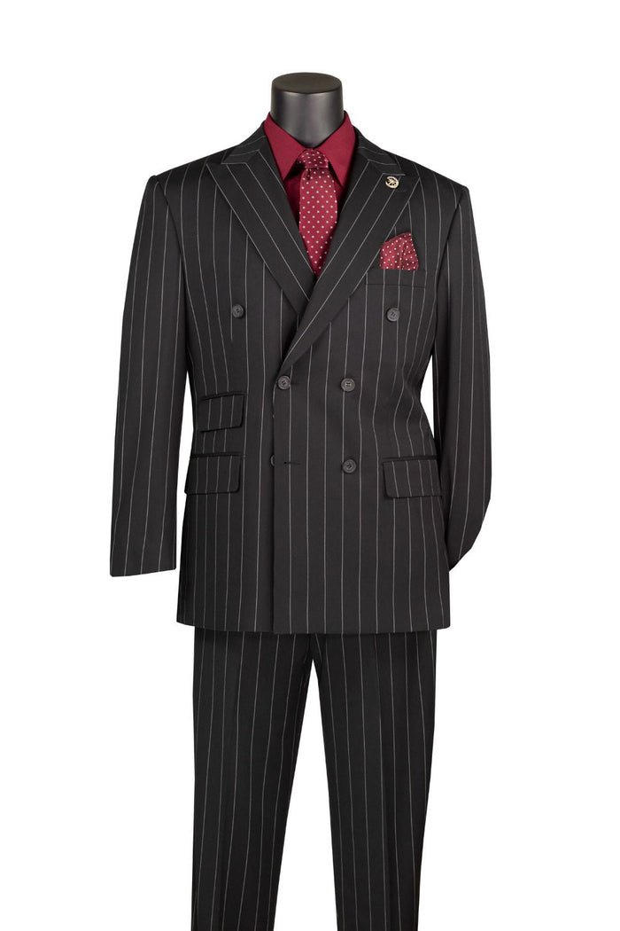 Tuscany Collection - Regular Fit 2-Piece Pinstripe Double Breasted Suit - Black