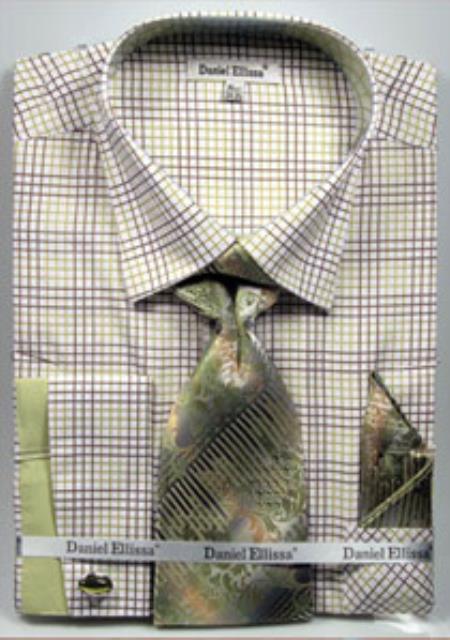 Men's Dark Green Daniel Ellissa Graph Checker French Cuff Shirt Dark Green / XL 17.5” Neck / 36-37” Sleeve