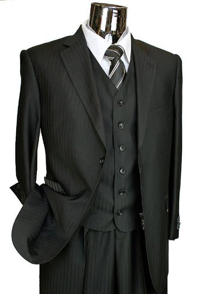 Men's 2 Button Designer Black On Black Ton on Ton Shadow Stripe Vested Suit - Three Piece Suit - Seersucker Fabric Summer Fabric Cotton Fabric - Black on Black Stripe