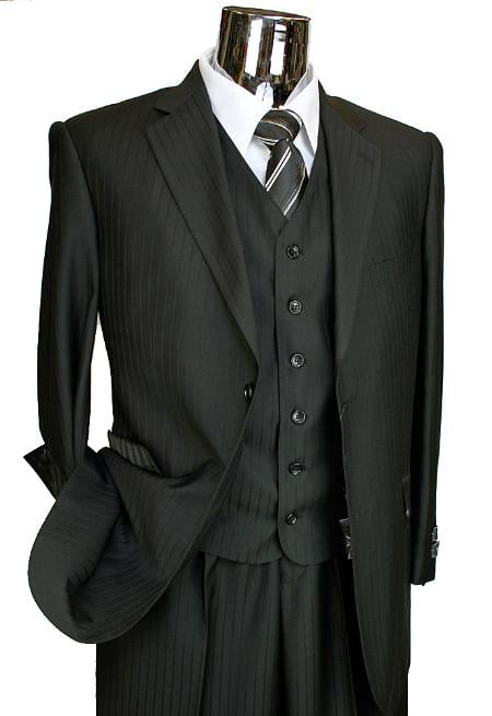 Men's 2 Button Designer Black On Black Ton on Ton Shadow Stripe Jacket + Pants Suit - Three Piece Suit - Seersucker Fabric Summer Fabric Cotton Fabric - Black on Black Stripe