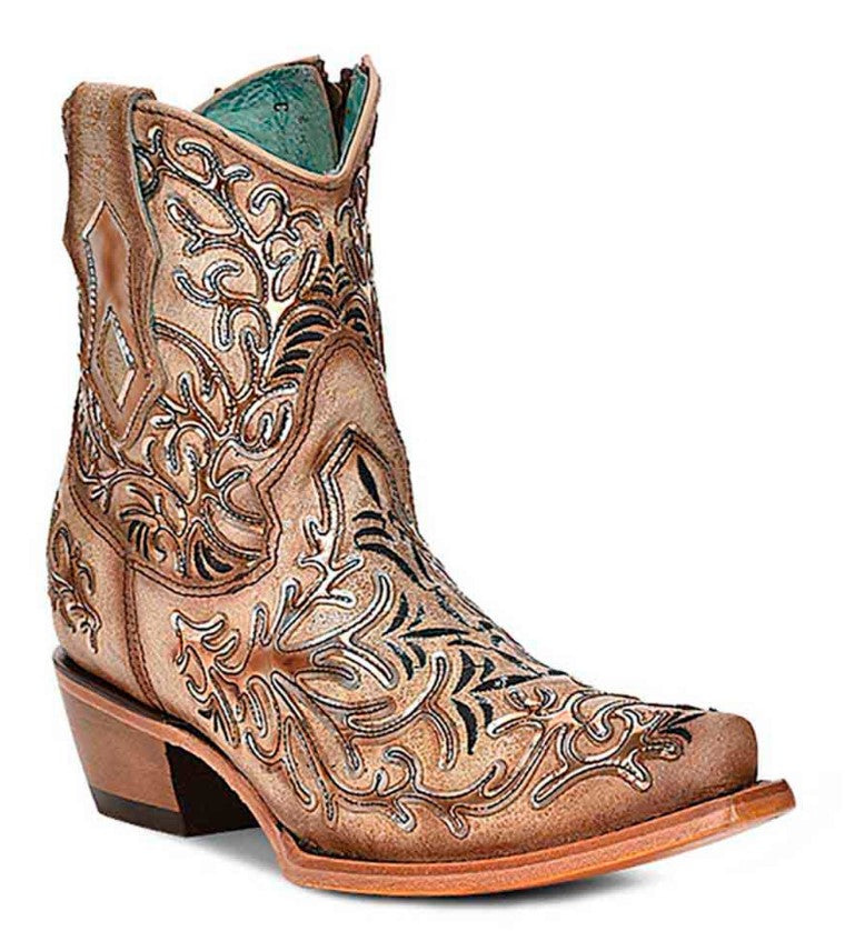 Tan Booties with Dark Embroidery & Mirror Overlay