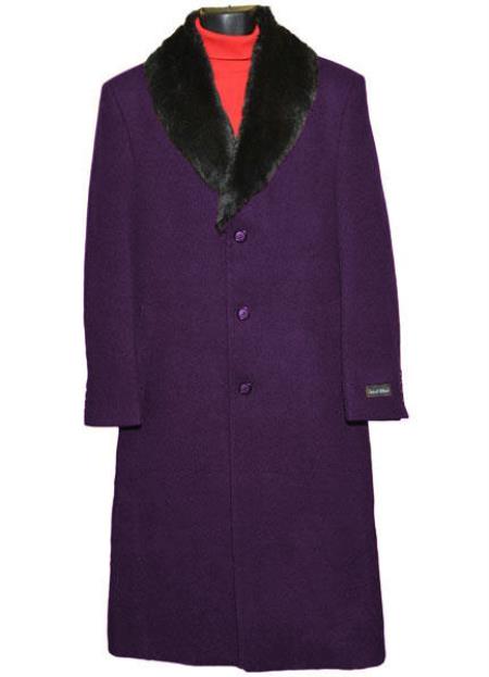 Men's (Removable ) Dress Coat Fur Collar Dark Purple 3 Button Full Length Overcoat ~ Long Men's Dress Topcoat - Winter coat full length Fabric Also