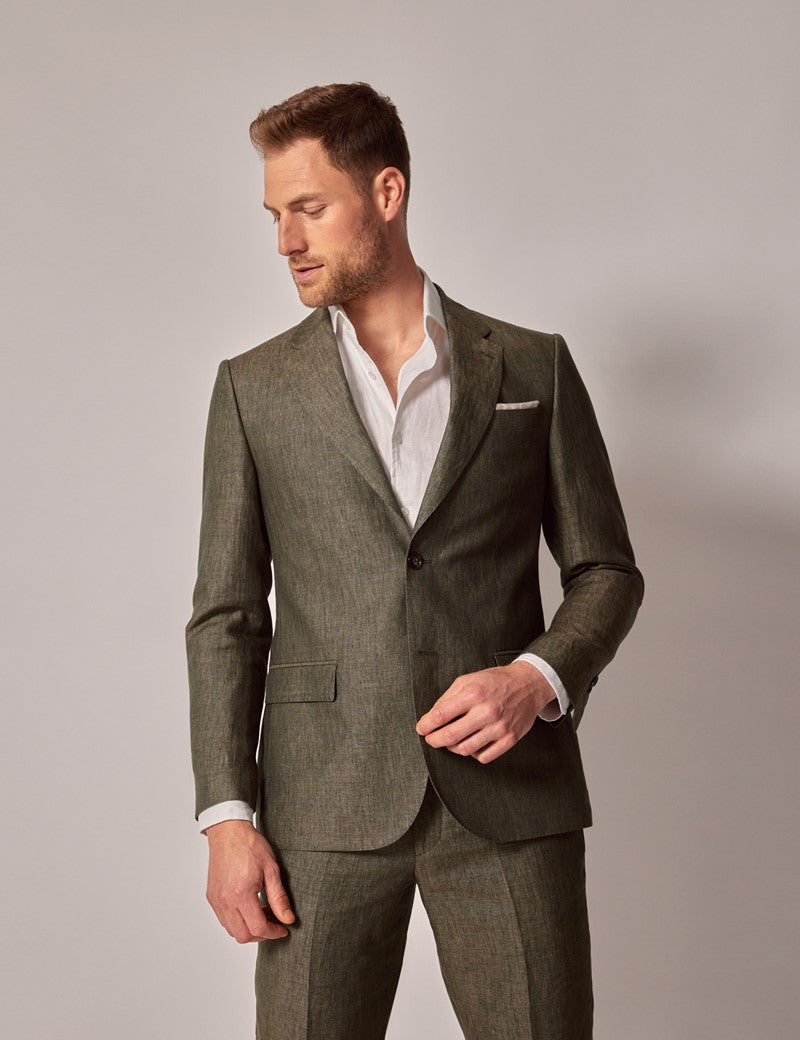 Dark Green Linen Beach Wedding Suit for Men