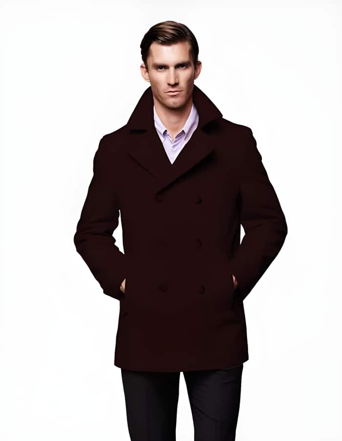 Burgundy Wool Full Length Dress Overcoat with Fur Collar