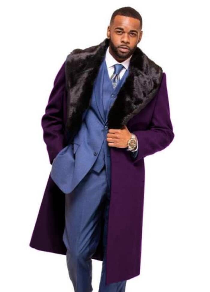 Purple Wool Overcoat with Fur Collar for Men
