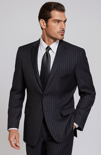 Dark Navy Wide Pinstripe 2 Button Men's Suit - Dark Blue Suit