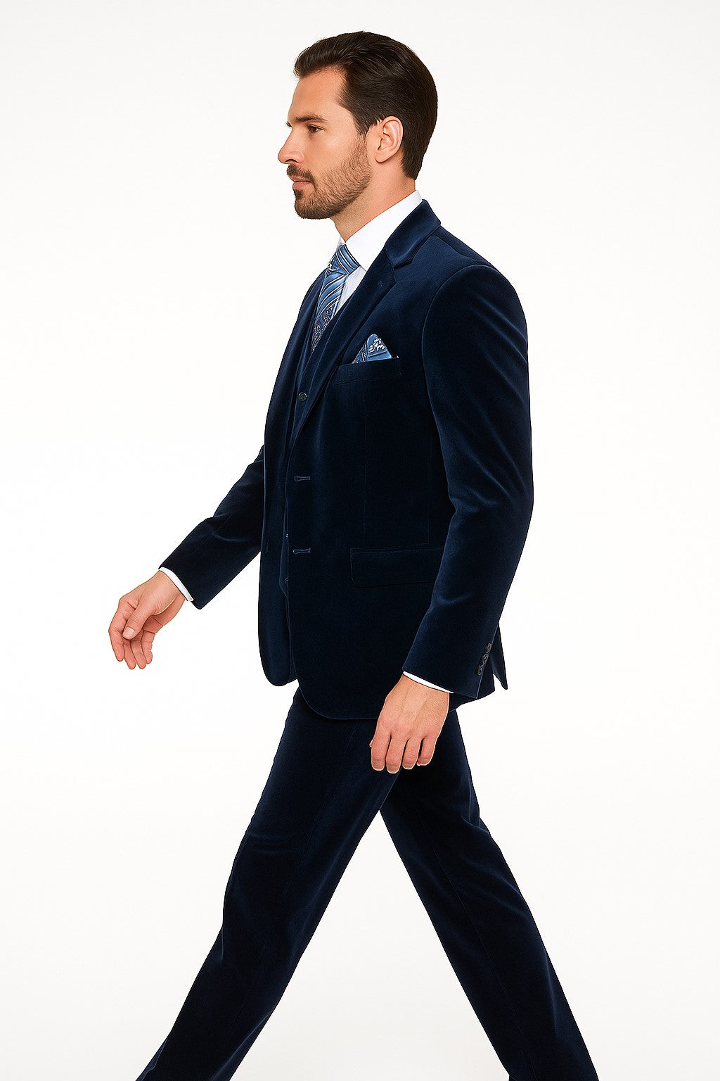Men's Dark Navy velour Men's blazer Jacket 2 Button Velvet Fabric 3 Piece Vested Side Vent Suit