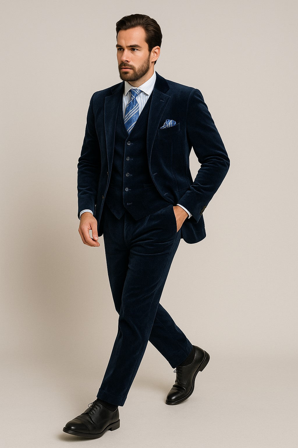 Men's Dark Navy velour Men's blazer Jacket 2 Button Velvet Fabric 3 Piece Vested Side Vent Suit