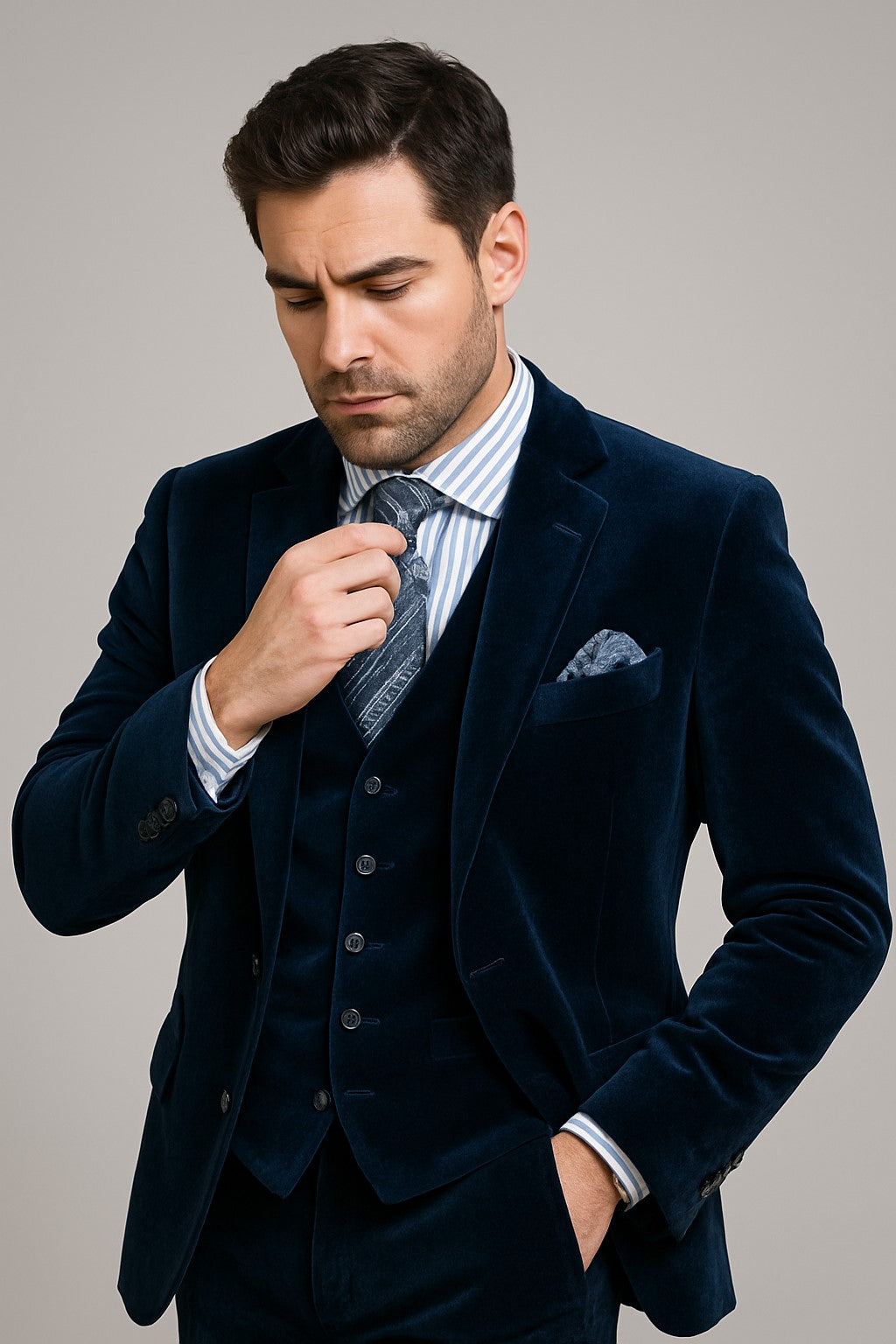 Men's Dark Navy velour Men's blazer Jacket 2 Button Velvet Fabric 3 Piece Vested Side Vent Suit