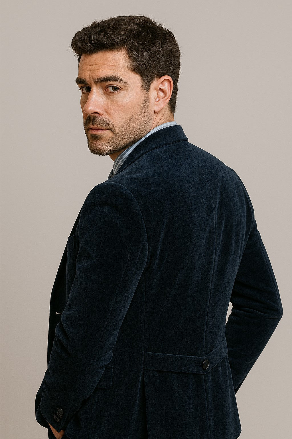 Men's Dark Navy velour Men's blazer Jacket 2 Button Velvet Fabric 3 Piece Vested Side Vent Suit