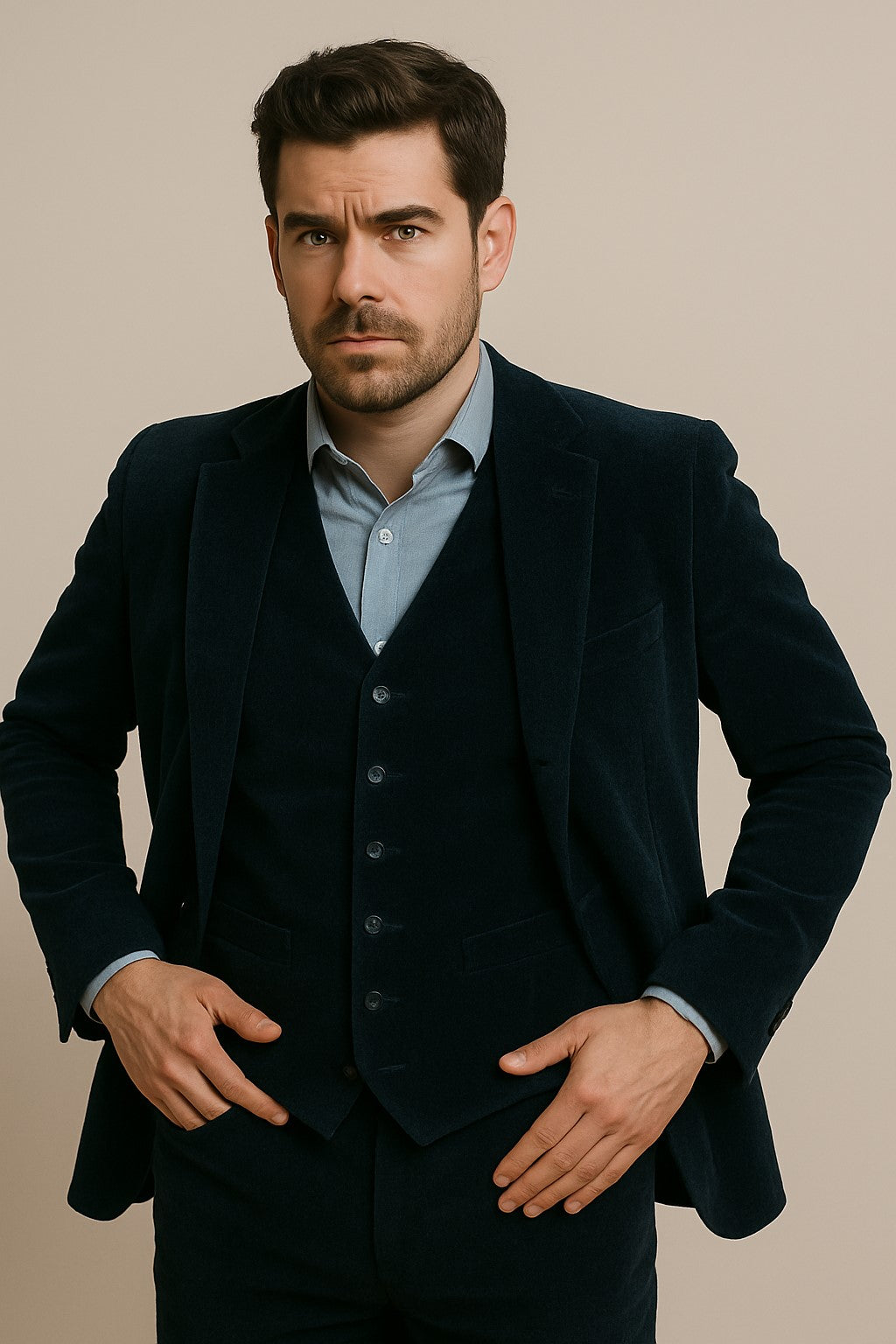 Men's Dark Navy velour Men's blazer Jacket 2 Button Velvet Fabric 3 Piece Vested Side Vent Suit