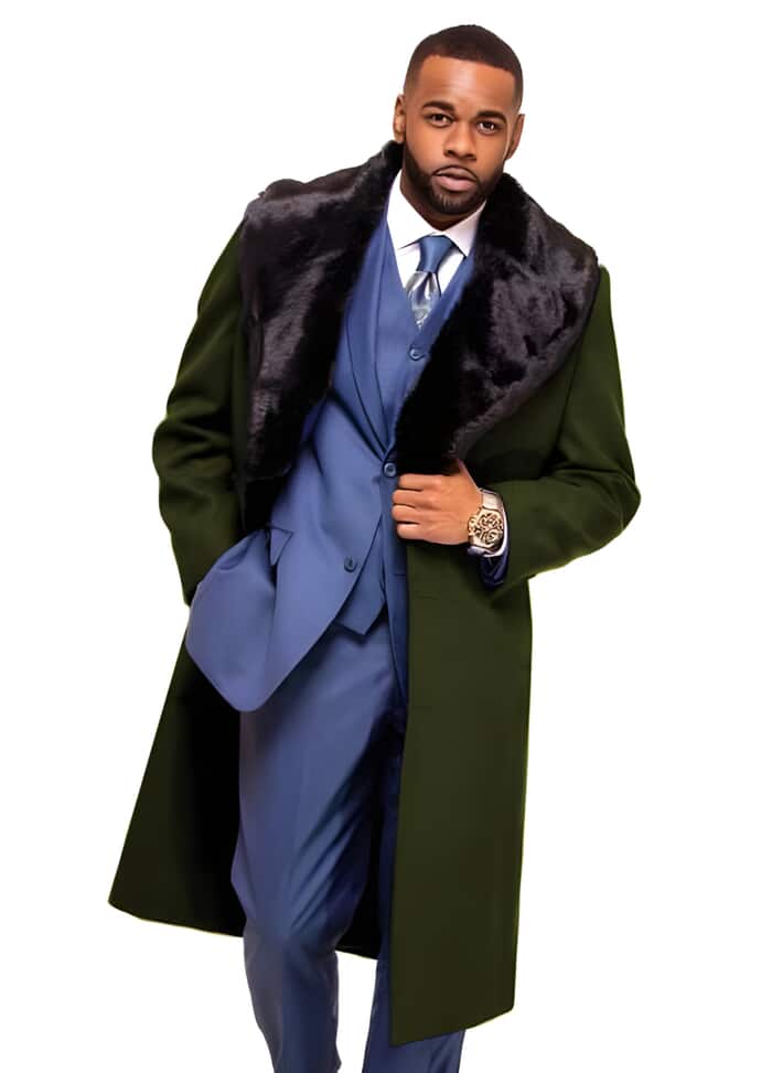 Long Men's Wool Topcoat with Fur Collar