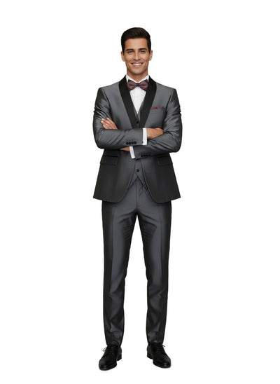 Men's Gray Black Shawl Tuxedo Slim Fitted 3 Piece Two Toned Shiny Sharkskin Suit