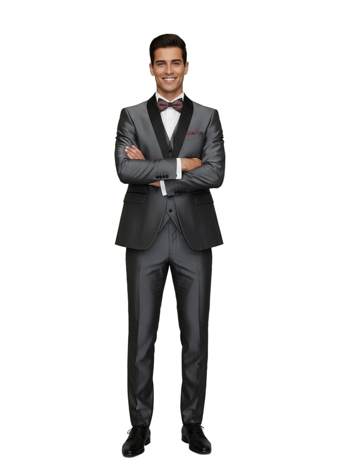 Men's Gray Black Shawl Tuxedo Slim Fitted 3 Piece Two Toned Shiny Sharkskin Suit