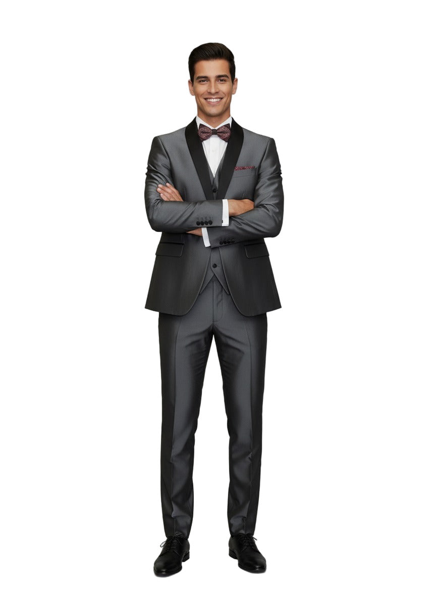 Men's Gray Black Shawl Tuxedo Slim Fitted 3 Piece Two Toned Shiny Sharkskin Suit