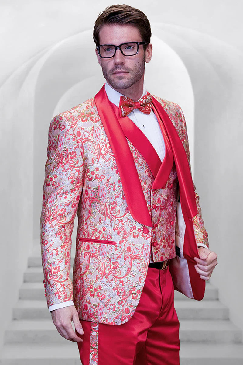 Coral Orange Paisley Tuxedo with Vest & Satin Pants