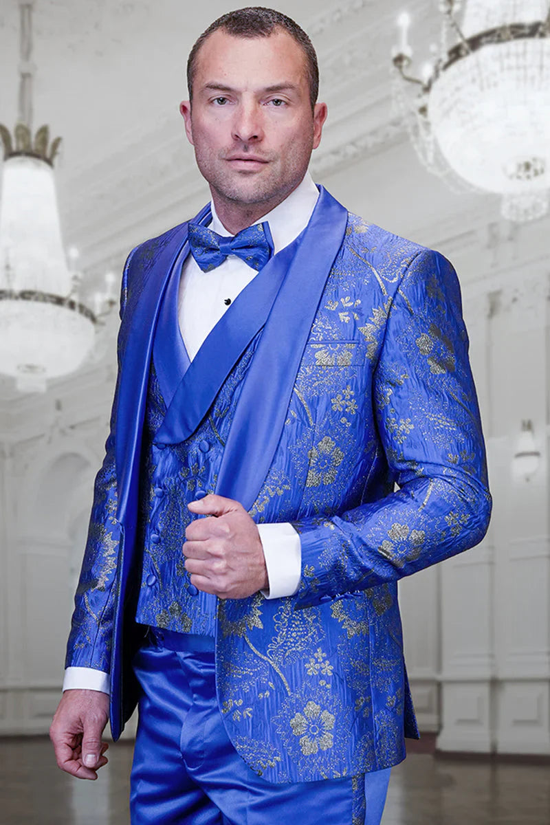 Royal Blue Paisley Lace Print Tuxedo & Vest