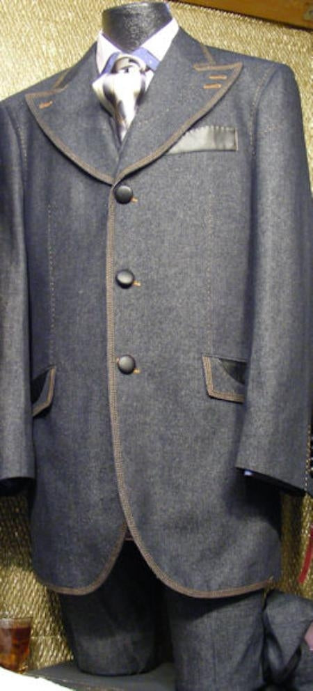 Men's 3 Piece Denim Cotton Fabric Suit Blue