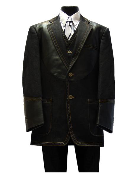 New 3PC 2 Button Denim three piece suit Black