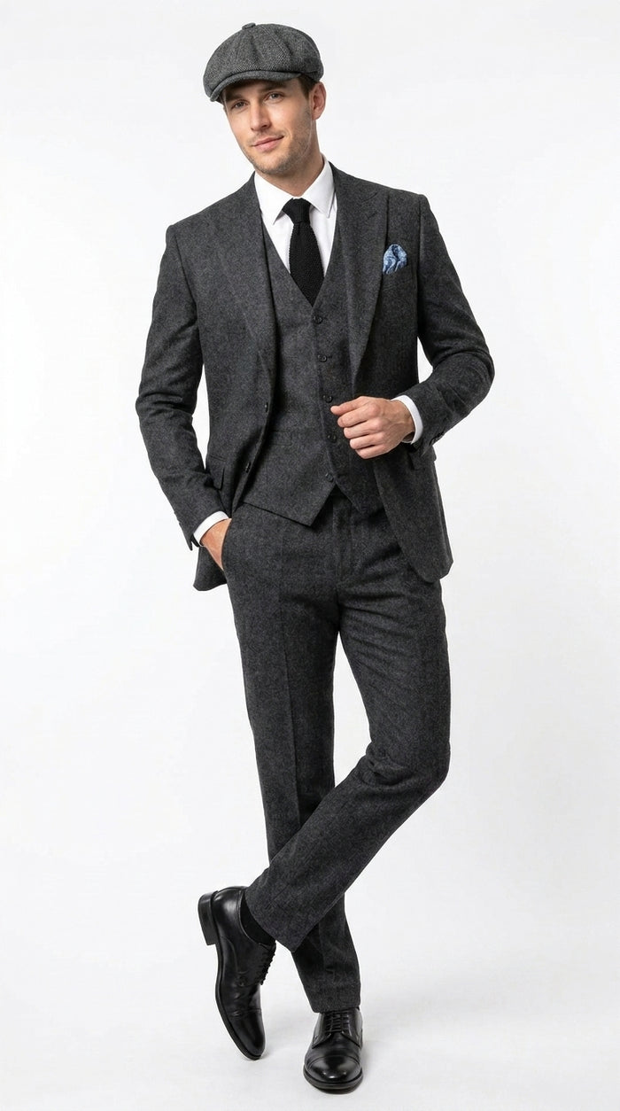 Men’s Heritage Charcoal Tweed 3 Piece Suit, Peaky Blinders Inspired Classic Formal Dress Suit