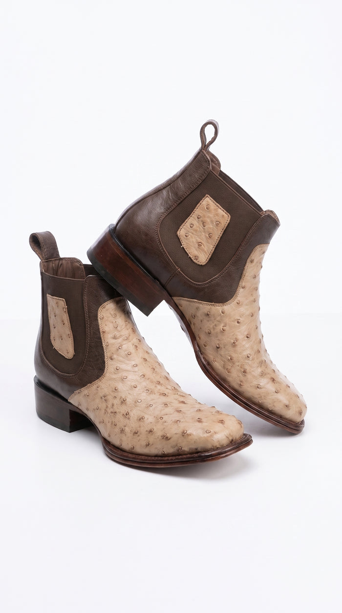 Men’s Los Altos Moka Ostrich Short Boots, Wide Square Toe Exotic Western Dress Boots