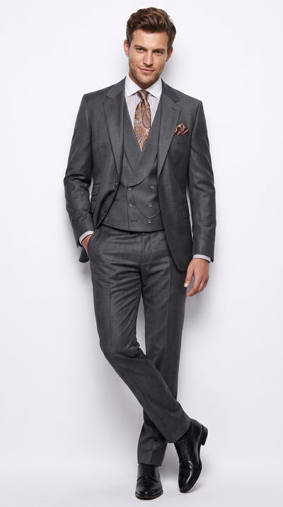 Men’s Gray Peak Lapel Suit with Double Breasted Vest, Single Button Formal Wedding Dress Suit