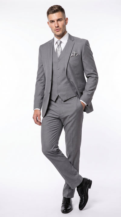 Men’s Light Grey Classic Vested Suit, 3 Piece Formal Wedding Business Dress Suit