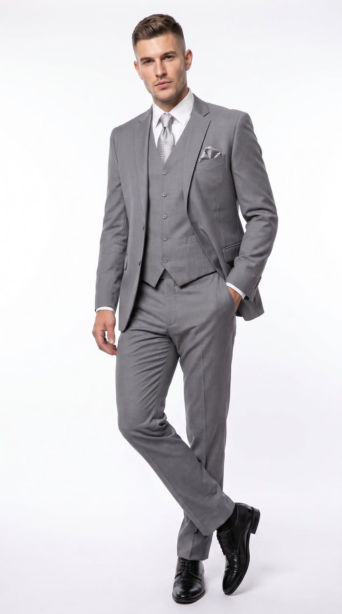 Men’s Light Grey Classic Vested Suit, 3 Piece Formal Wedding Business Dress Suit