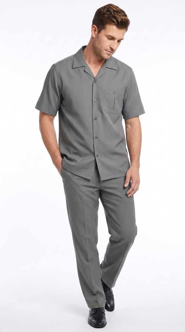 Men’s Grey Big and Tall Walking Suit, Short Sleeve Casual Shirt and Pants Set up to 6XL
