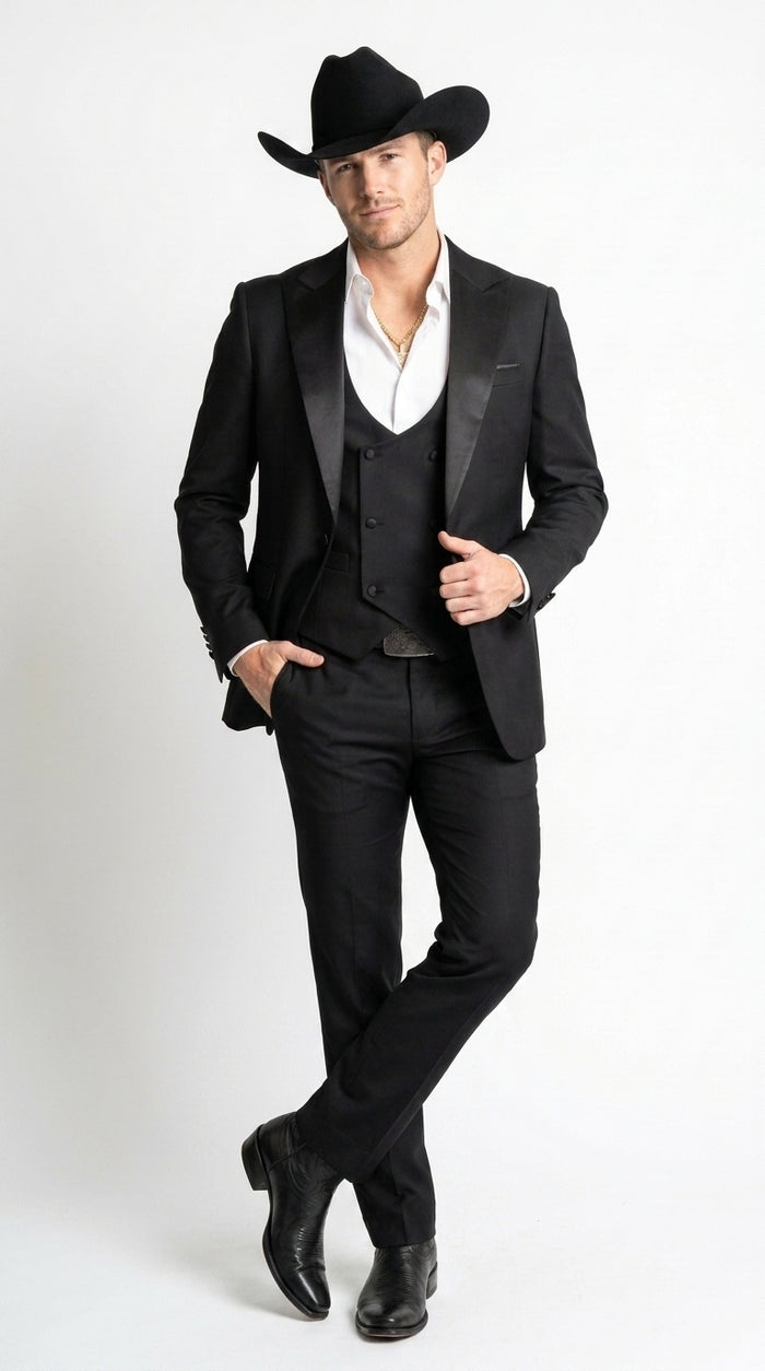 Men’s Black Western Tuxedo Suit with Satin Shawl Lapel, Double Breasted Vest Formal Cowboy Suit