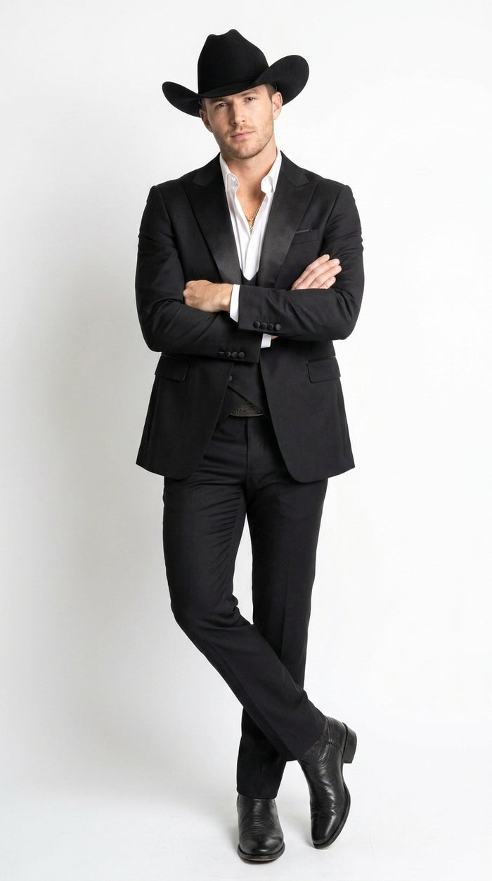 Men’s Black Western Tuxedo Suit with Satin Shawl Lapel, Double Breasted Vest Formal Cowboy Suit