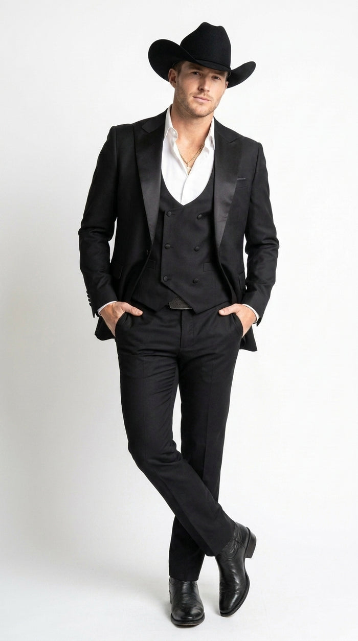 Men’s Black Western Tuxedo Suit with Satin Shawl Lapel, Double Breasted Vest Formal Cowboy Suit