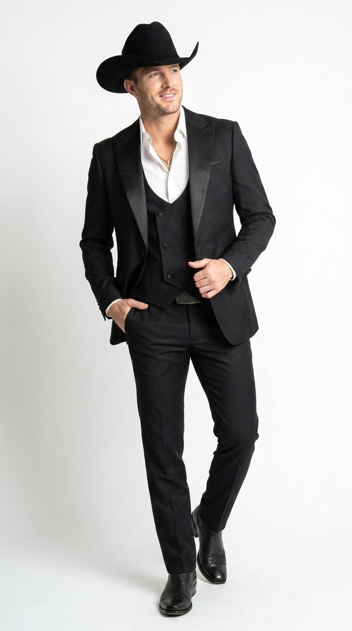 Men’s Black Western Tuxedo Suit with Satin Shawl Lapel, Double Breasted Vest Formal Cowboy Suit
