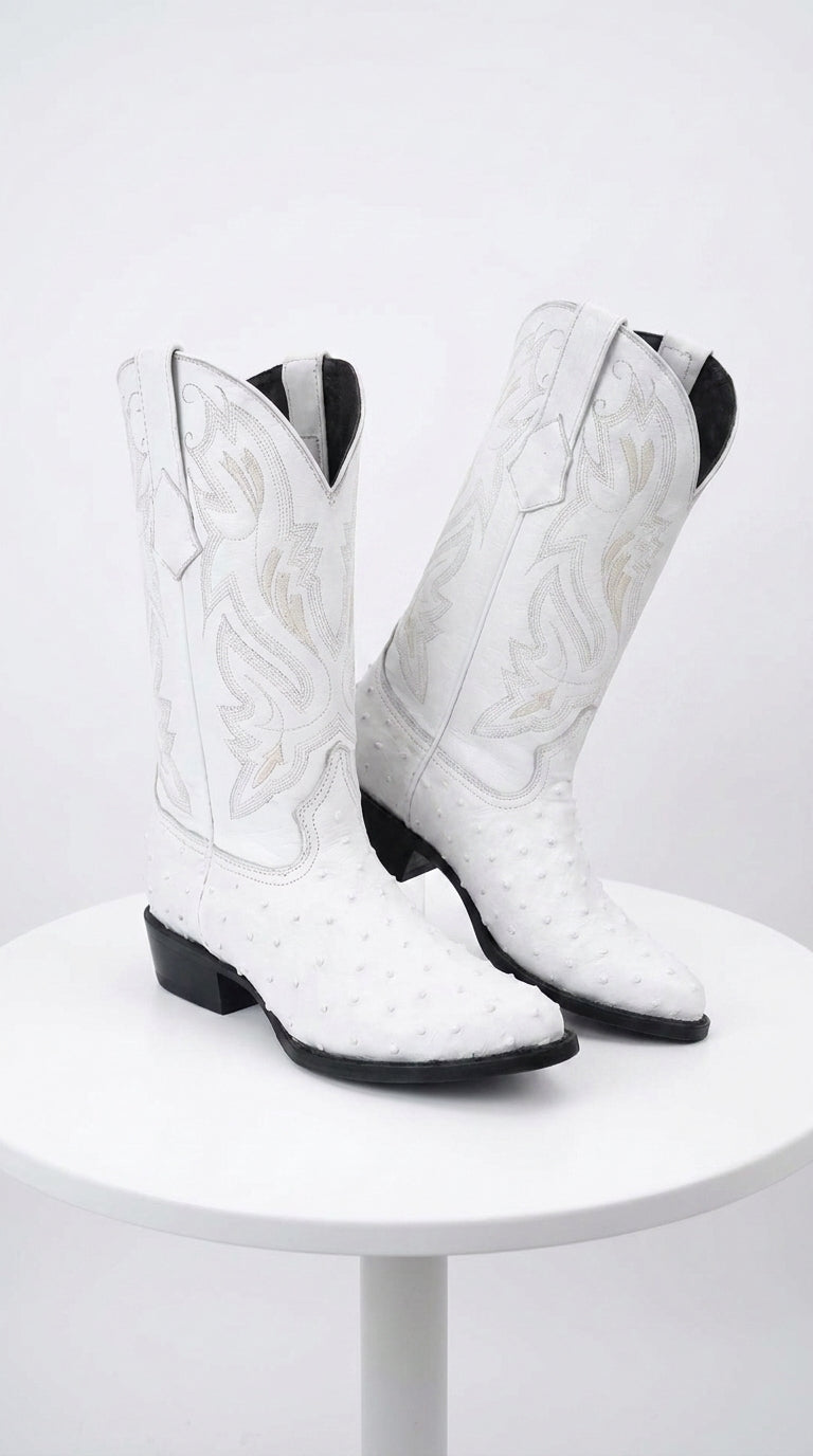 Men’s White Print Ostrich Western Boots, Exotic Cowboy Dress Boots for Wedding and Country Wear