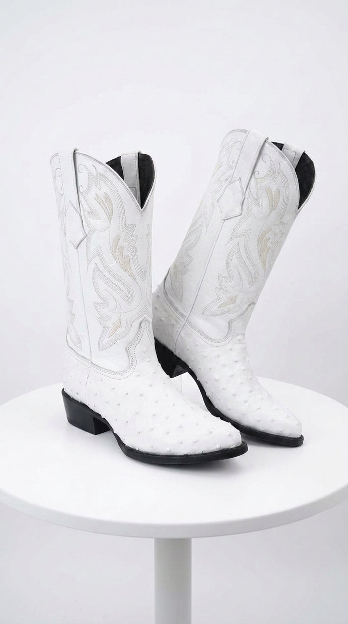 Men’s White Print Ostrich Western Boots, Exotic Cowboy Dress Boots for Wedding and Country Wear