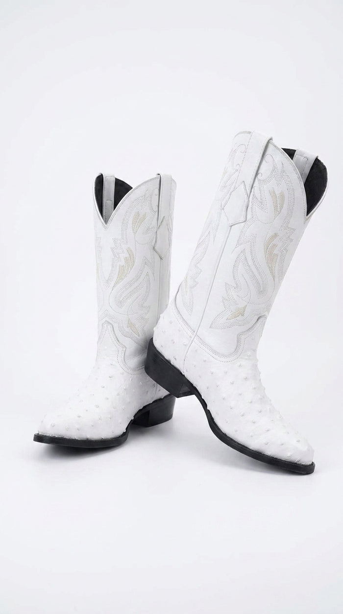 Men’s White Print Ostrich Western Boots, Exotic Cowboy Dress Boots for Wedding and Country Wear