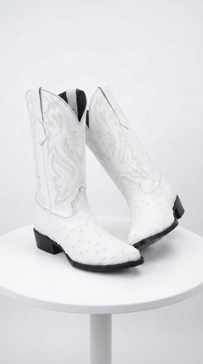 Men’s White Print Ostrich Western Boots, Exotic Cowboy Dress Boots for Wedding and Country Wear