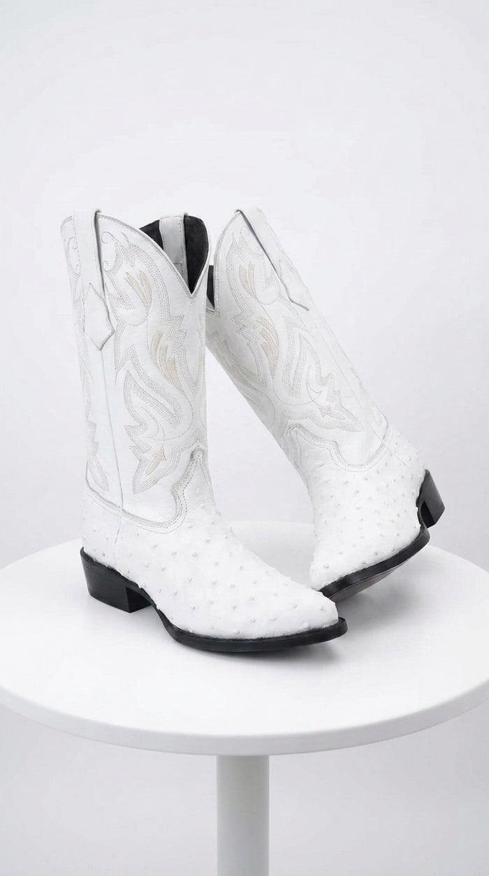 Men’s White Print Ostrich Western Boots, Exotic Cowboy Dress Boots for Wedding and Country Wear