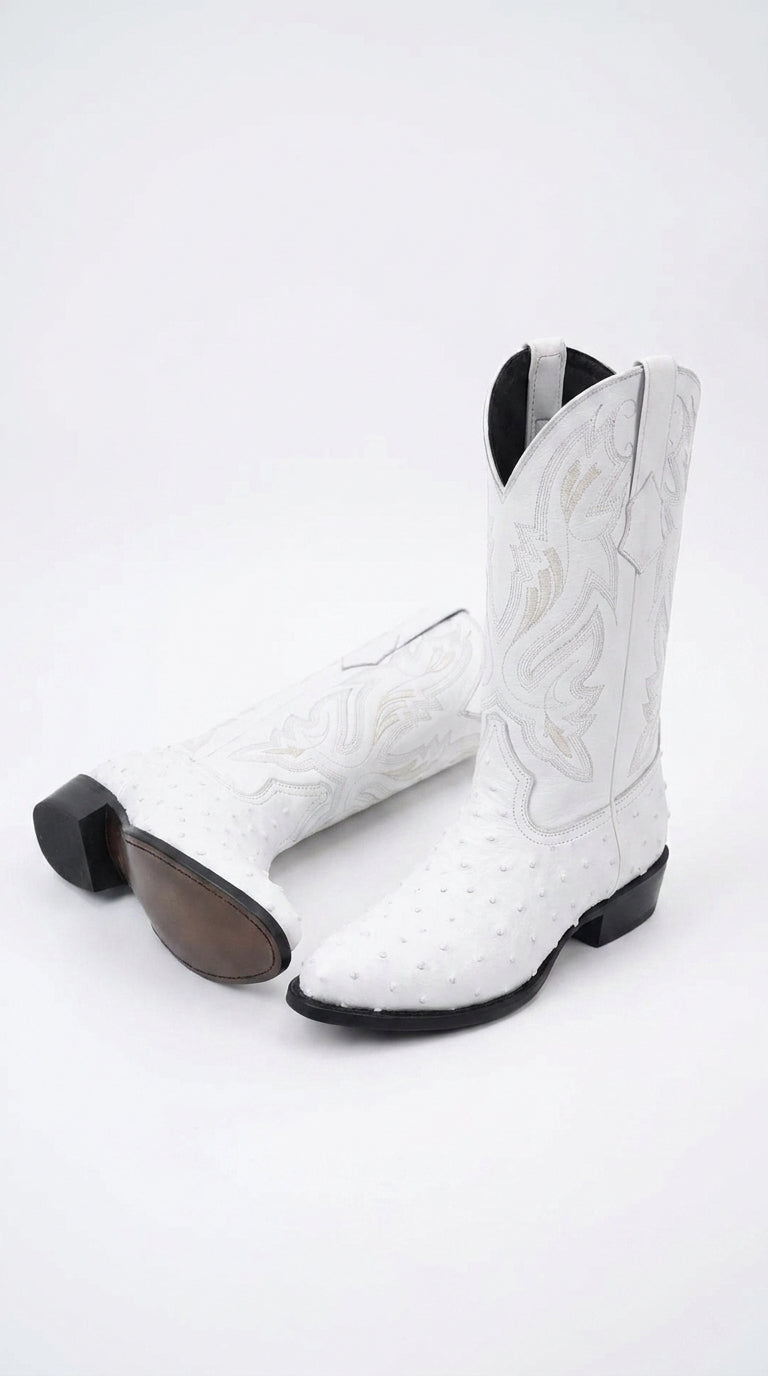 Men’s White Print Ostrich Western Boots, Exotic Cowboy Dress Boots for Wedding and Country Wear