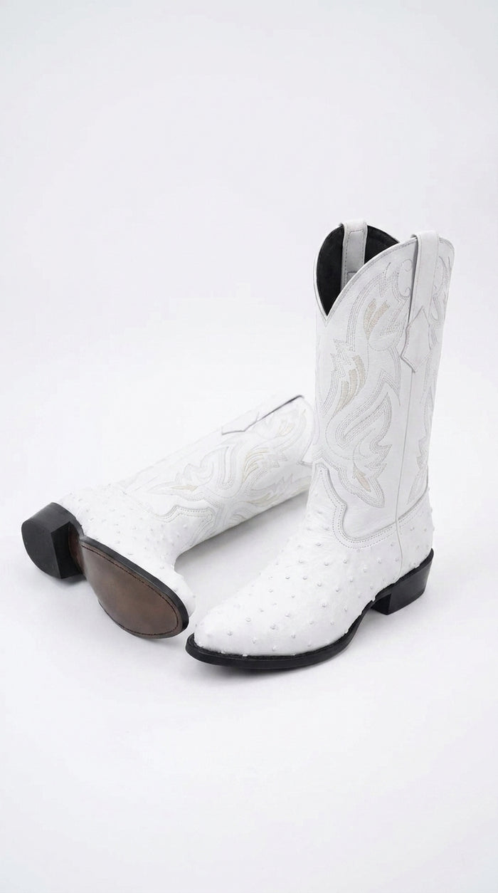 Men’s White Print Ostrich Western Boots, Exotic Cowboy Dress Boots for Wedding and Country Wear