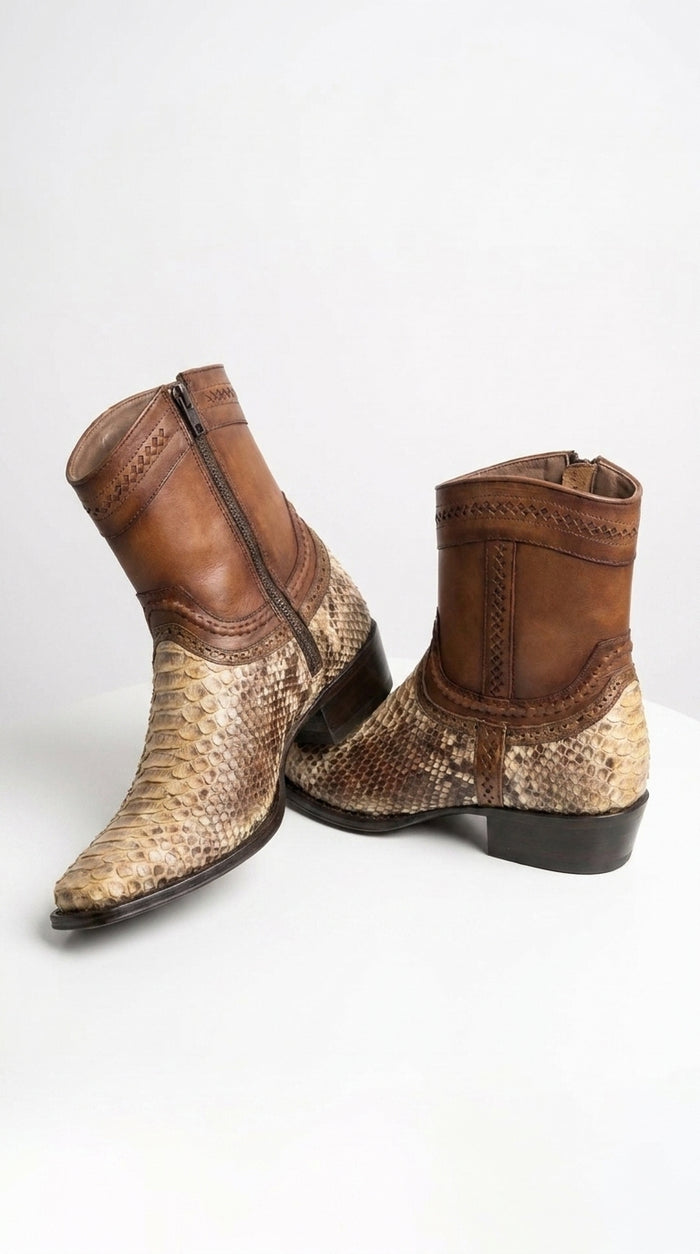 Men’s Natural Python Skin European Toe Short Boots, Brown Western Dress Ankle Boots