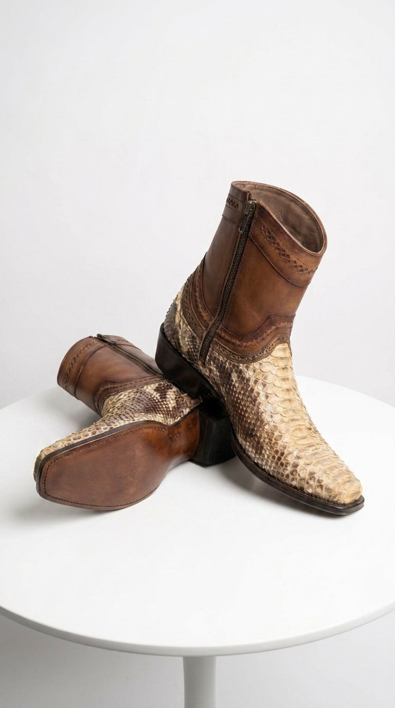 Men’s Natural Python Skin European Toe Short Boots, Brown Western Dress Ankle Boots