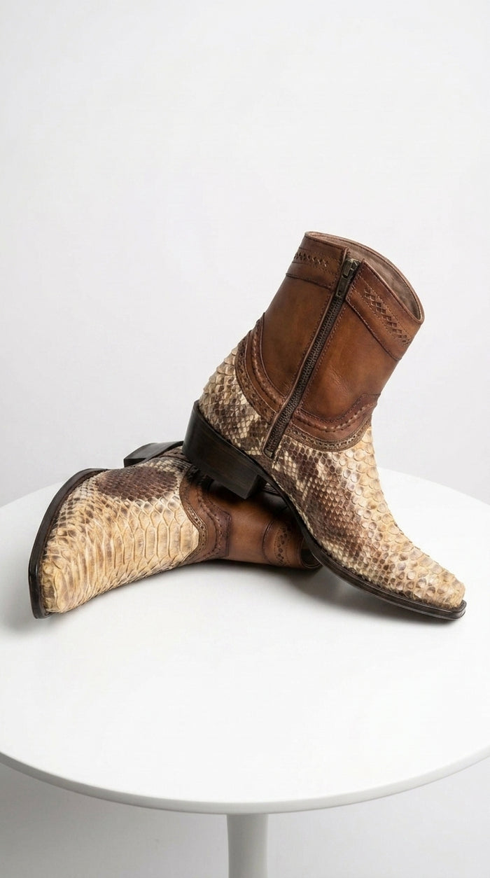 Men’s Natural Python Skin European Toe Short Boots, Brown Western Dress Ankle Boots