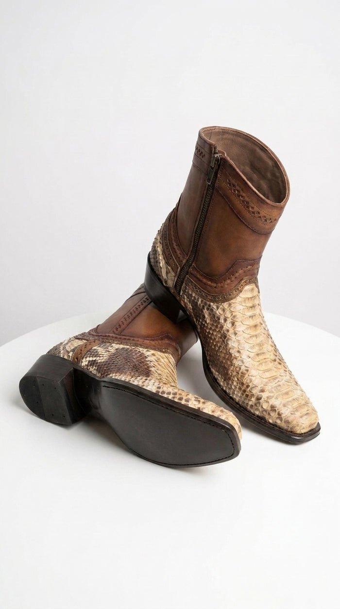Men’s Natural Python Skin European Toe Short Boots, Brown Western Dress Ankle Boots