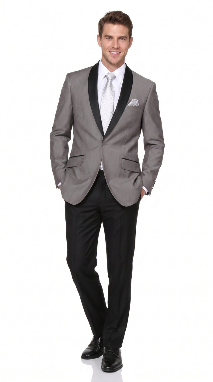 Men’s Grey Tuxedo Jacket with Black Shawl Lapel, 1 Button Formal Wedding Prom Blazer
