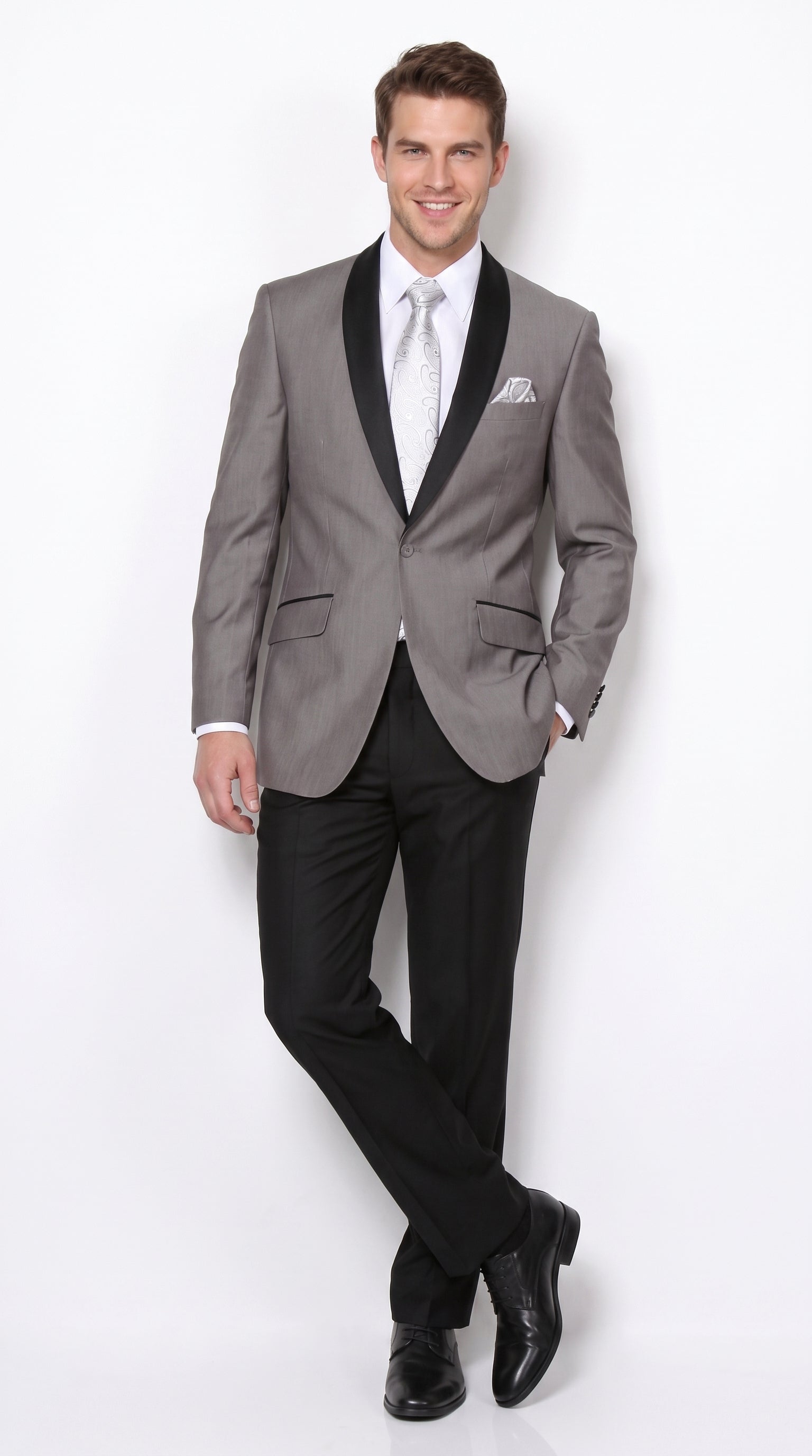 Men’s Grey Tuxedo Jacket with Black Shawl Lapel, 1 Button Formal Wedding Prom Blazer
