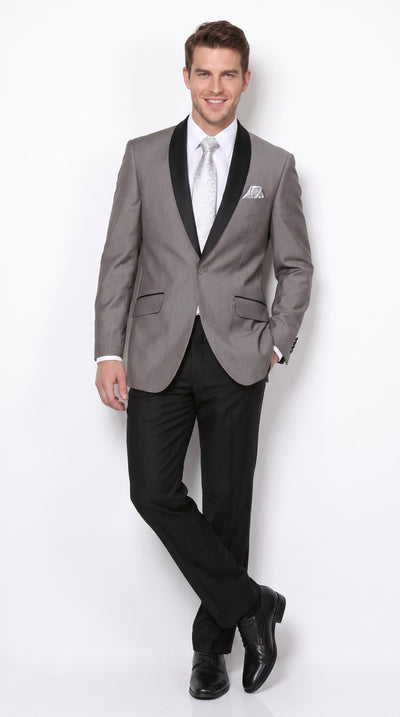 Men’s Grey Tuxedo Jacket with Black Shawl Lapel, 1 Button Formal Wedding Prom Blazer