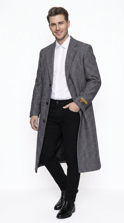 Men’s Grey Big and Tall Long Overcoat, Winter Dress Topcoat Outerwear Coat Up to Size 68