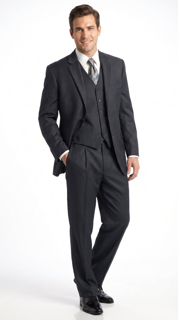 Men’s Charcoal 3 Piece Super 150s Italian Fabric Suit, 2 Button Classic Formal Dress Suit